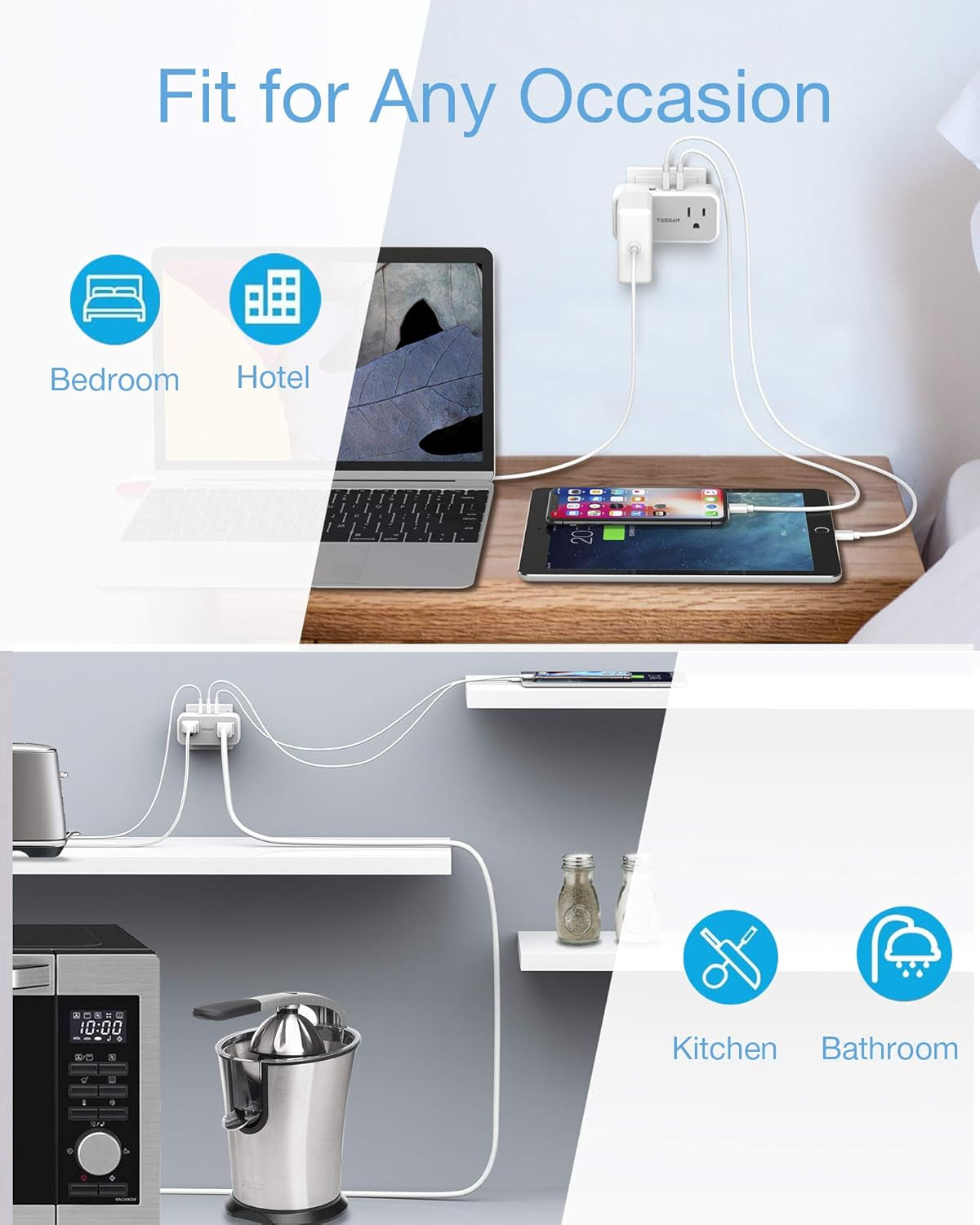 Double Outlet Plug Extender with USB, Multi Electrical Outlet Splitter with Dual Outlets 3 USB Wall Charger, Multiple Plug Expander for Home Office Travel Cruise Ship Dorm Room Essentials