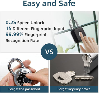 Fingerprint Padlock , Locker Lock, Smart Padlock, Bluetooth or Fingerprint Unlock, Weatherproof Outdoor Lock, for Gym, Bike, School, Fence and Storage, Padlock USB Rechargeable (Black)