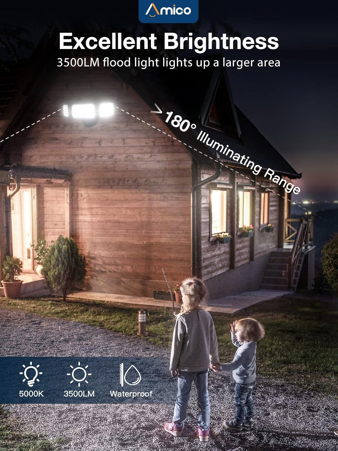 LED Flood Lights Outdoor 3500LM Security Light, 30W Bright Outdoor Lights 2 Pack, 5000K Daylight White, IP65 Waterproof 3 Adjustable Heads for Garage, Backyard, Patio, Garden, Porch&Stair(Black)