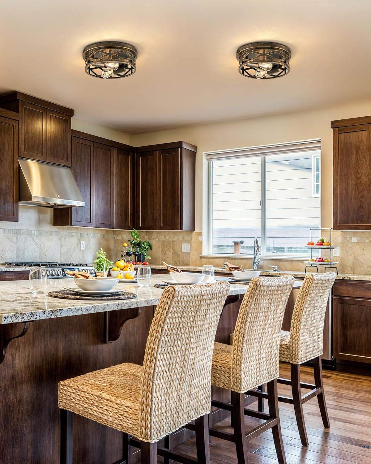 Flush Mount Ceiling Lights, 2-Light Hallway Ceiling Lighting Fixtures, 11 Inch Farmhouse Metal Cage Ceiling Lights for Entryway Kitchen, Adjustable Lamp Holders, ETL, 2 Pcs, Oil-Rubbed Bronze