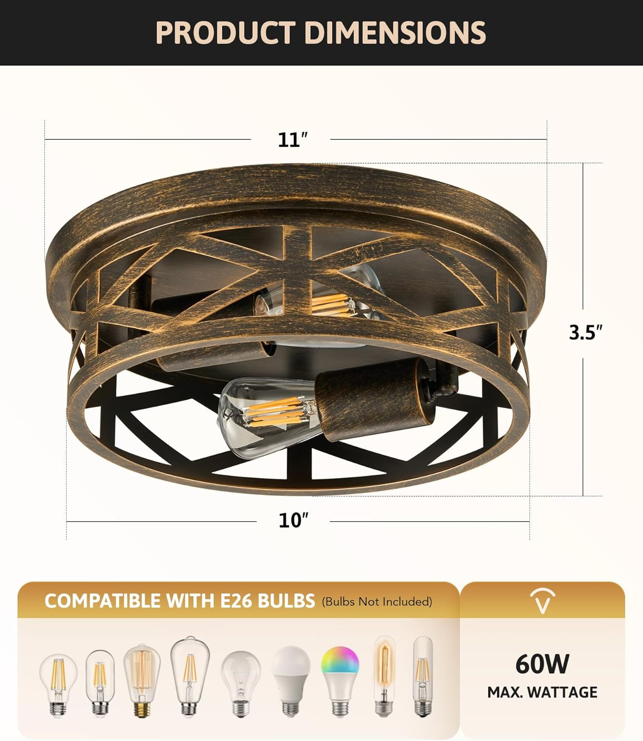 Flush Mount Ceiling Lights, 2-Light Hallway Ceiling Lighting Fixtures, 11 Inch Farmhouse Metal Cage Ceiling Lights for Entryway Kitchen, Adjustable Lamp Holders, ETL, 2 Pcs, Oil-Rubbed Bronze