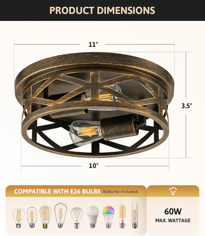 Flush Mount Ceiling Lights, 2-Light Hallway Ceiling Lighting Fixtures, 11 Inch Farmhouse Metal Cage Ceiling Lights for Entryway Kitchen, Adjustable Lamp Holders, ETL, 2 Pcs, Oil-Rubbed Bronze
