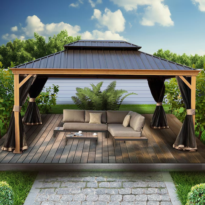 Gazebo Brown Gazebo with Hardtop Roof / 12-Ft X 16 (Screen Included)